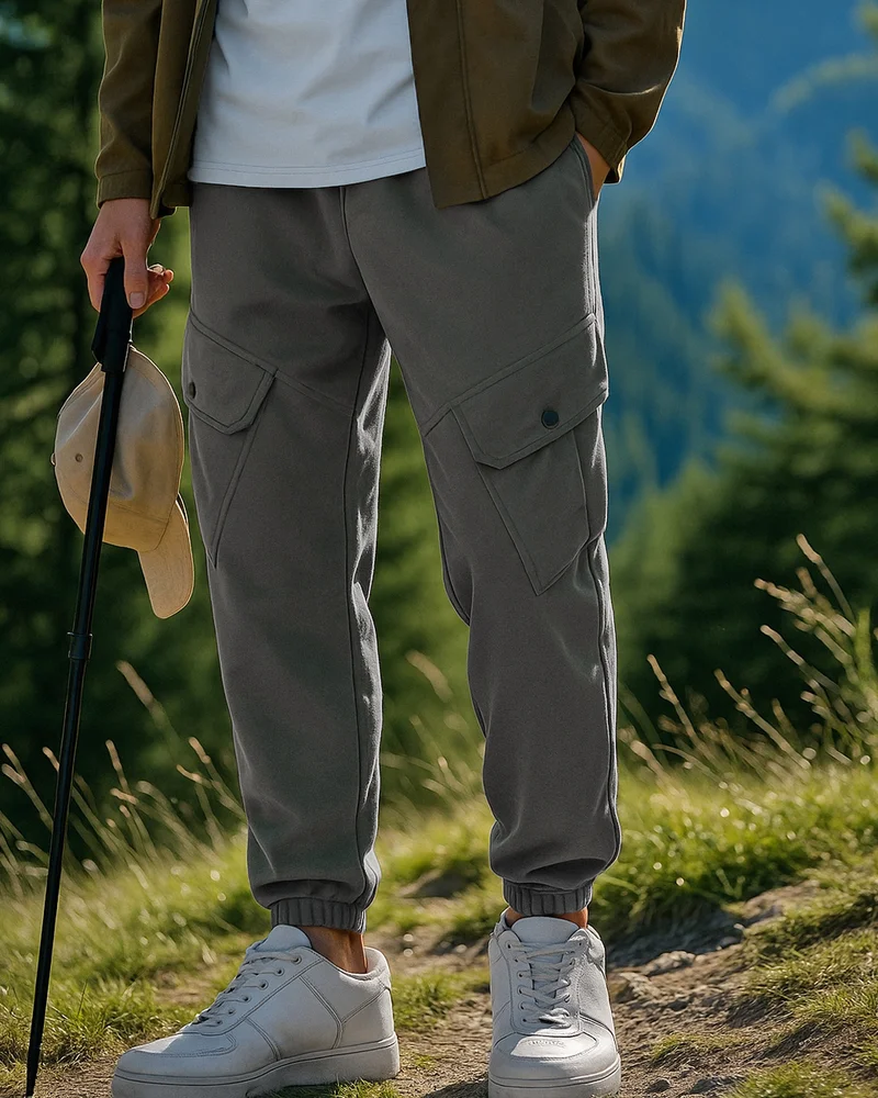 بيواكوف Men's Grey Super Loose Fit Cargo Warm Joggers